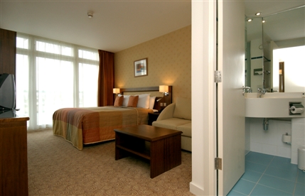Ramada Hotel & Suites London Docklands - Standard double room with single sofa bed, floor to ceiling windows and en-suite with power shower